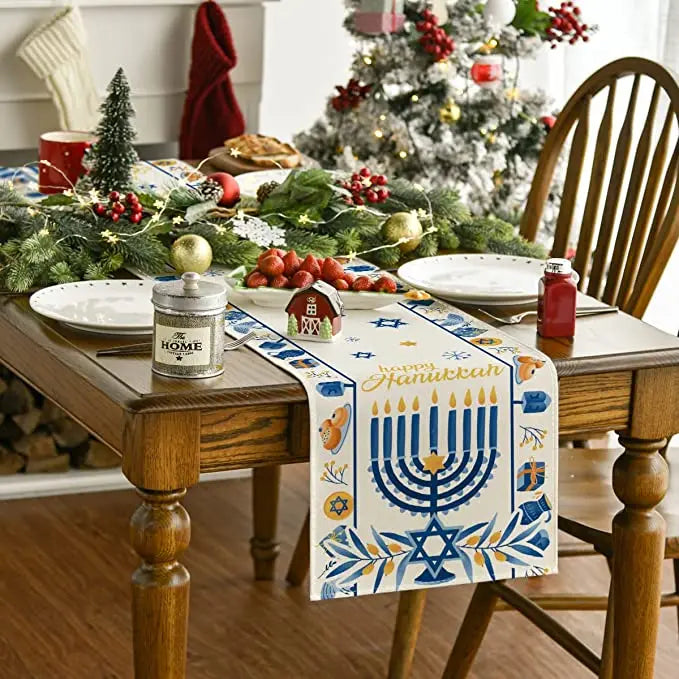 Happy Hanukkah Menorah Table Runner, Seasonal Chanukah Kitchen