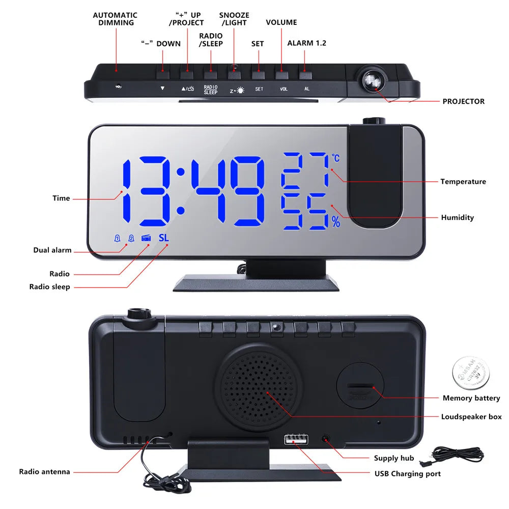 FM Radio Digital Alarm Clock Temp Humidity with 180° Time Projector Electronic Table Clock 12/24H Snooze Projection LED Clock