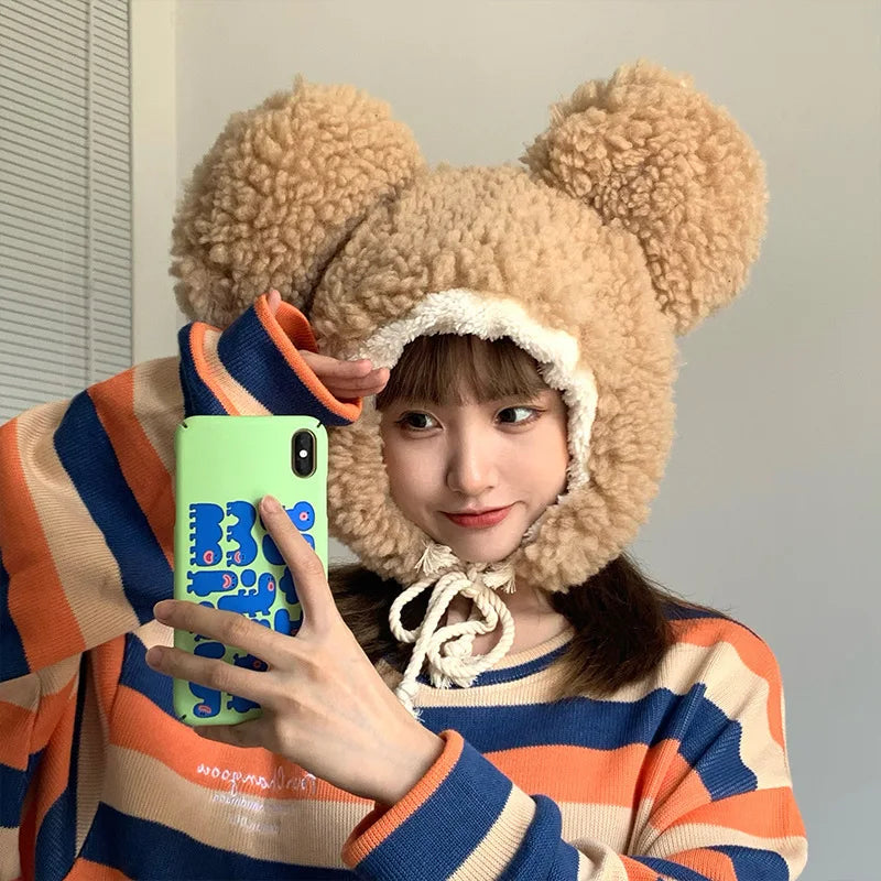 New Big-ear Bear Cashmere Bomber Hats Women Fluffy