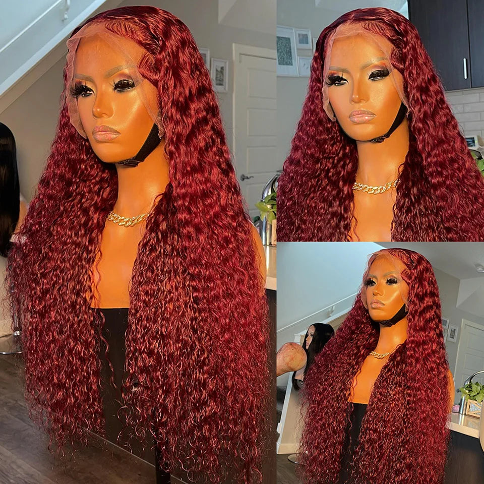 13x4 Transparent Deep Wave Lace Frontal Wig Burgundy