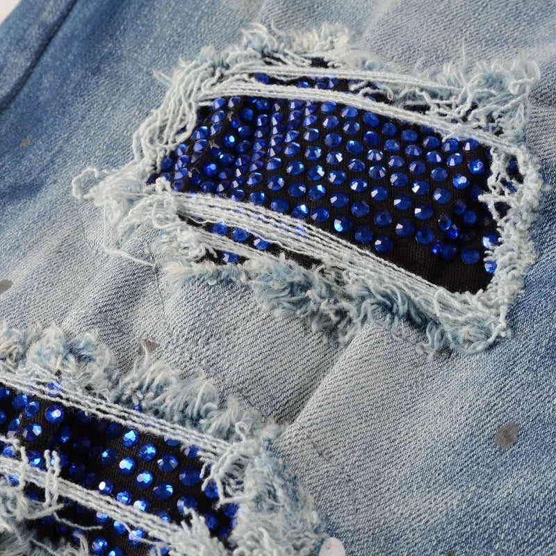 Men Crystal Stretch Denim Jeans Streetwear Painted Patch