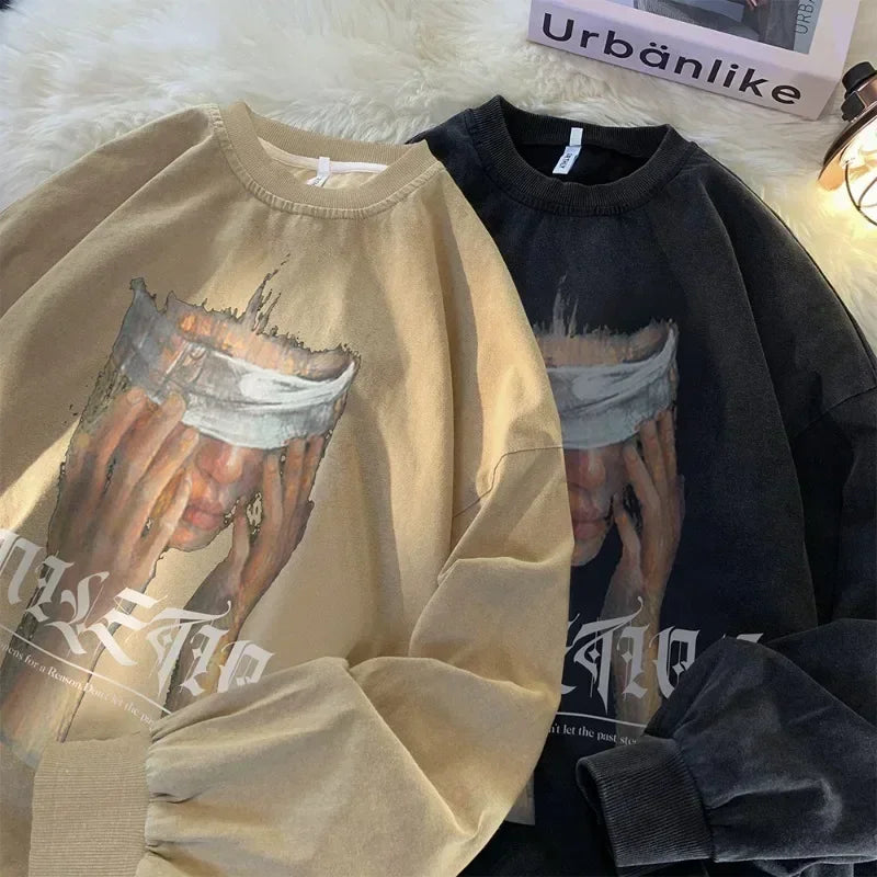 Men's Washed Black Sweatshirt Blindfold Portrait Print Long