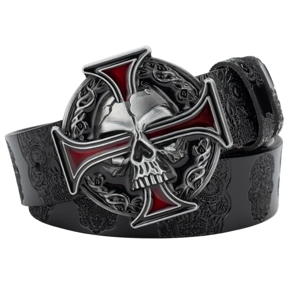 Skull Leather Belt Embossed Pattern Cowskin Fashion Buckle