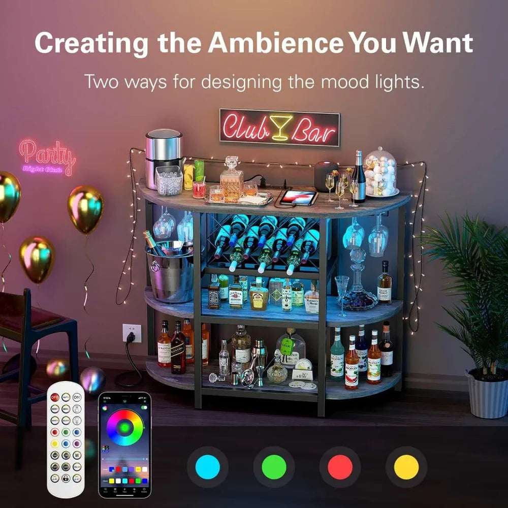 Bar Table Cabinet with Power Outlet, LED Home