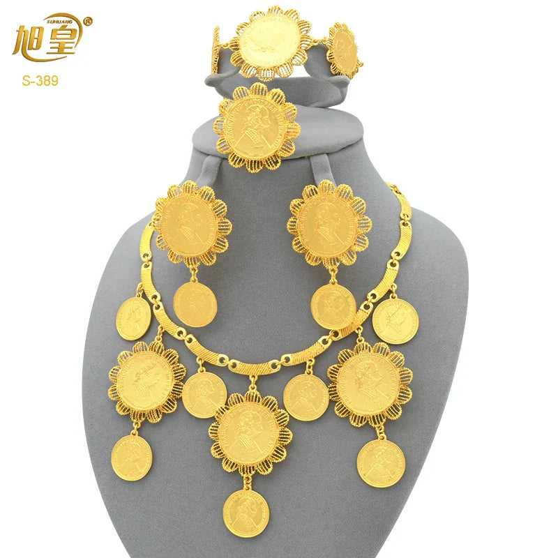 African 24K Gold Color Coins Necklace Bracelet Sets