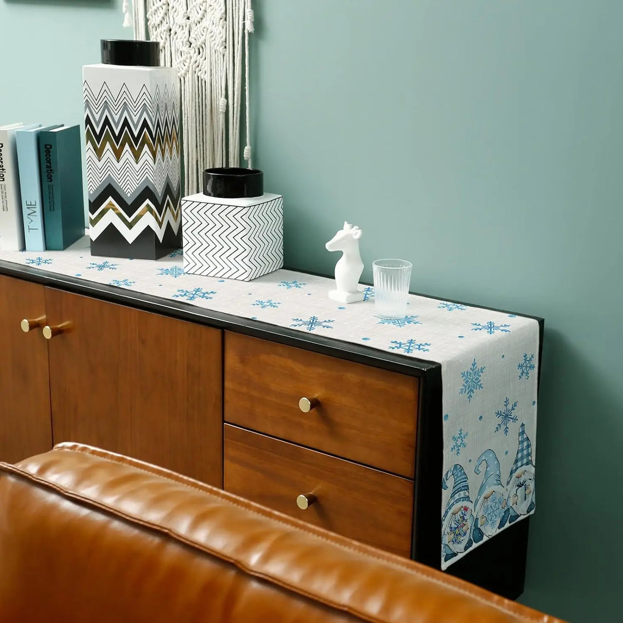 Christmas Blue Gnomes Winter Snowflake Linen Table Runners