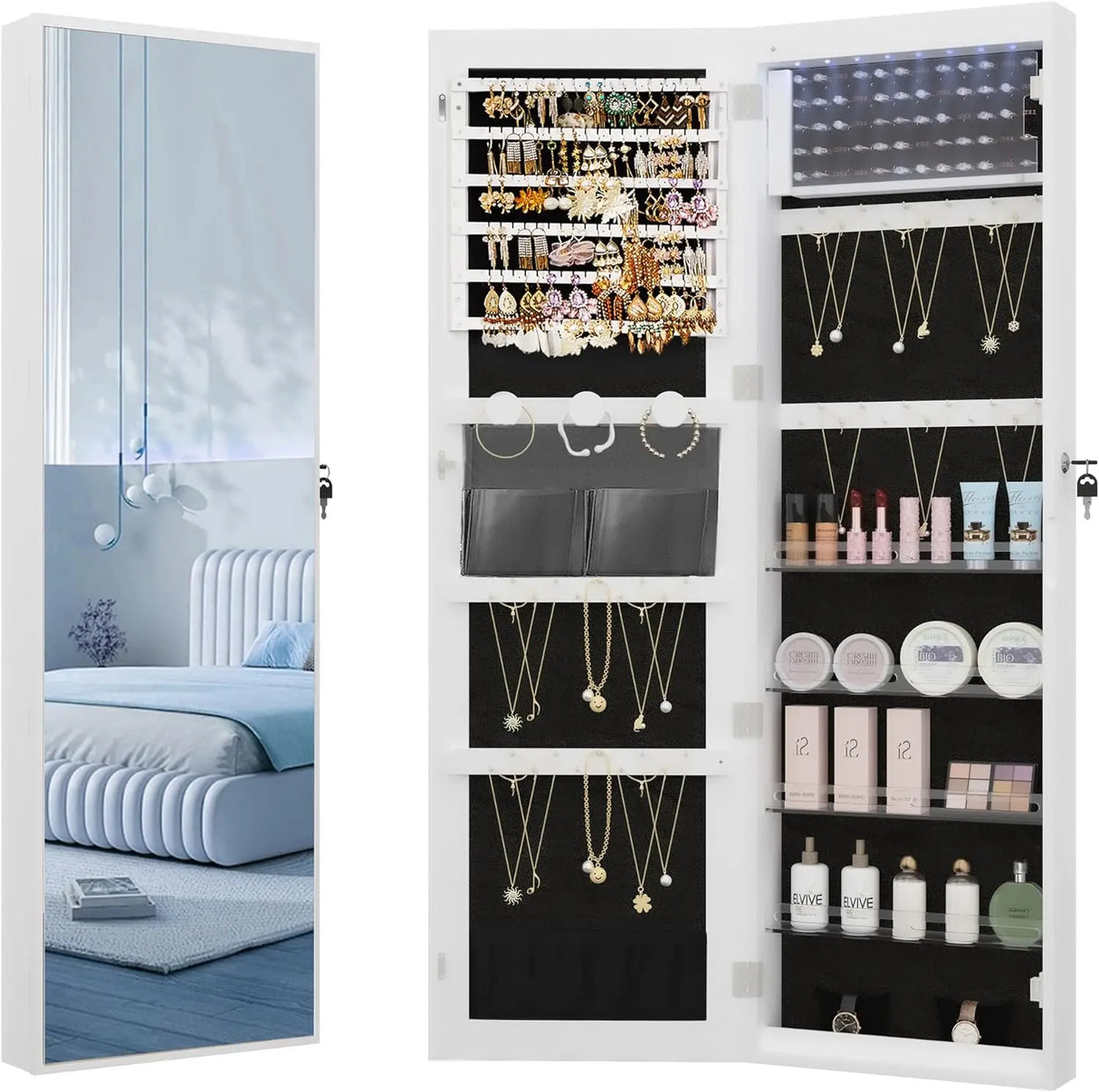 Hzuaneri 8 LEDs Mirror Jewelry Cabinet, 47.2-inch Jewelry
