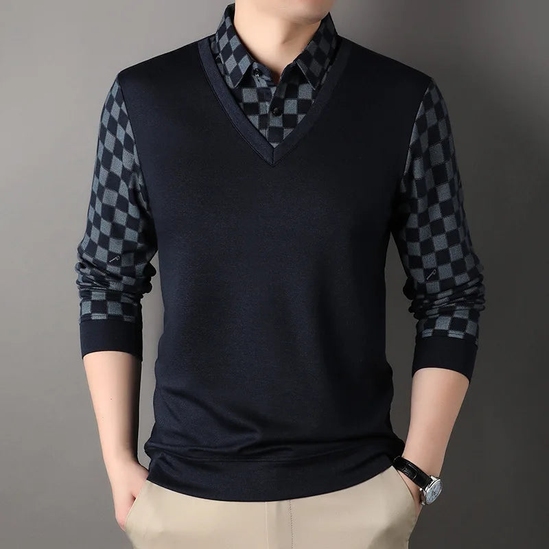 Spring and Autumn Men's Pullover Button Contrast Plaid