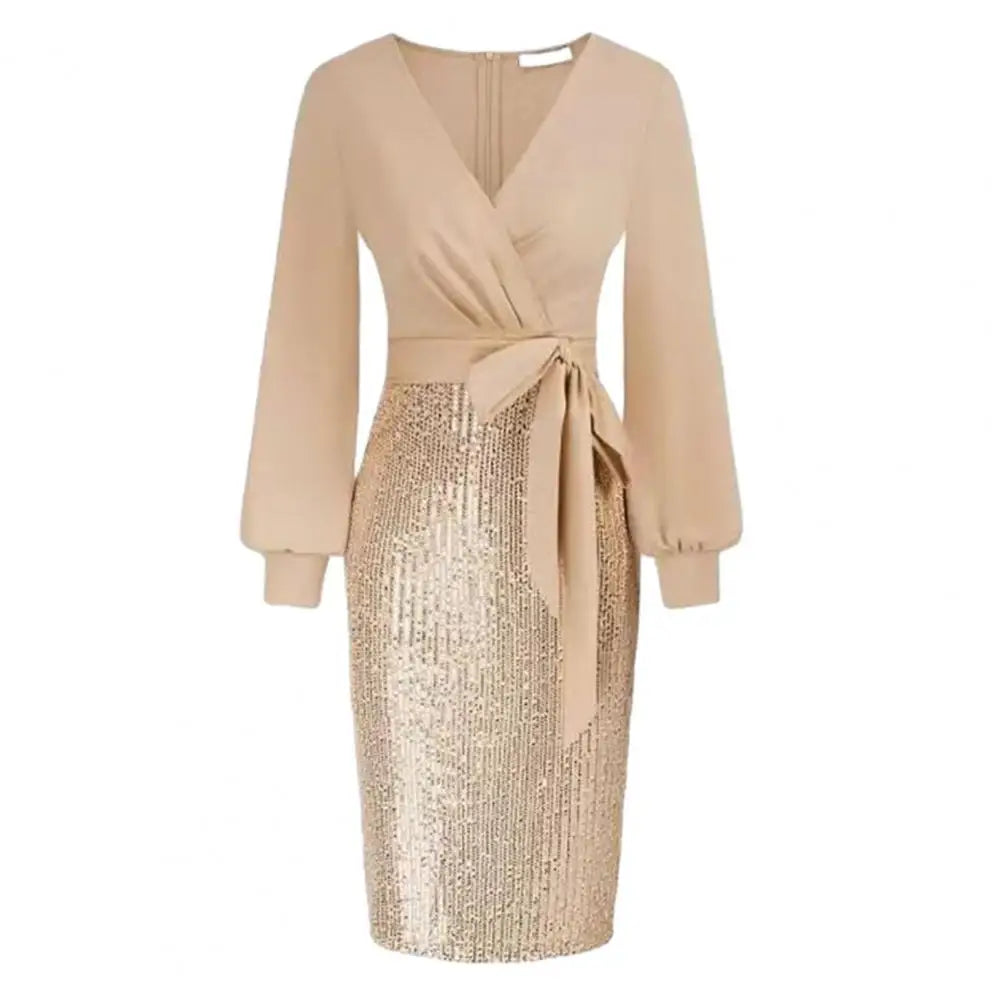 Women Vneck Dress Stunning Sequin Splicing Bodycon Dress