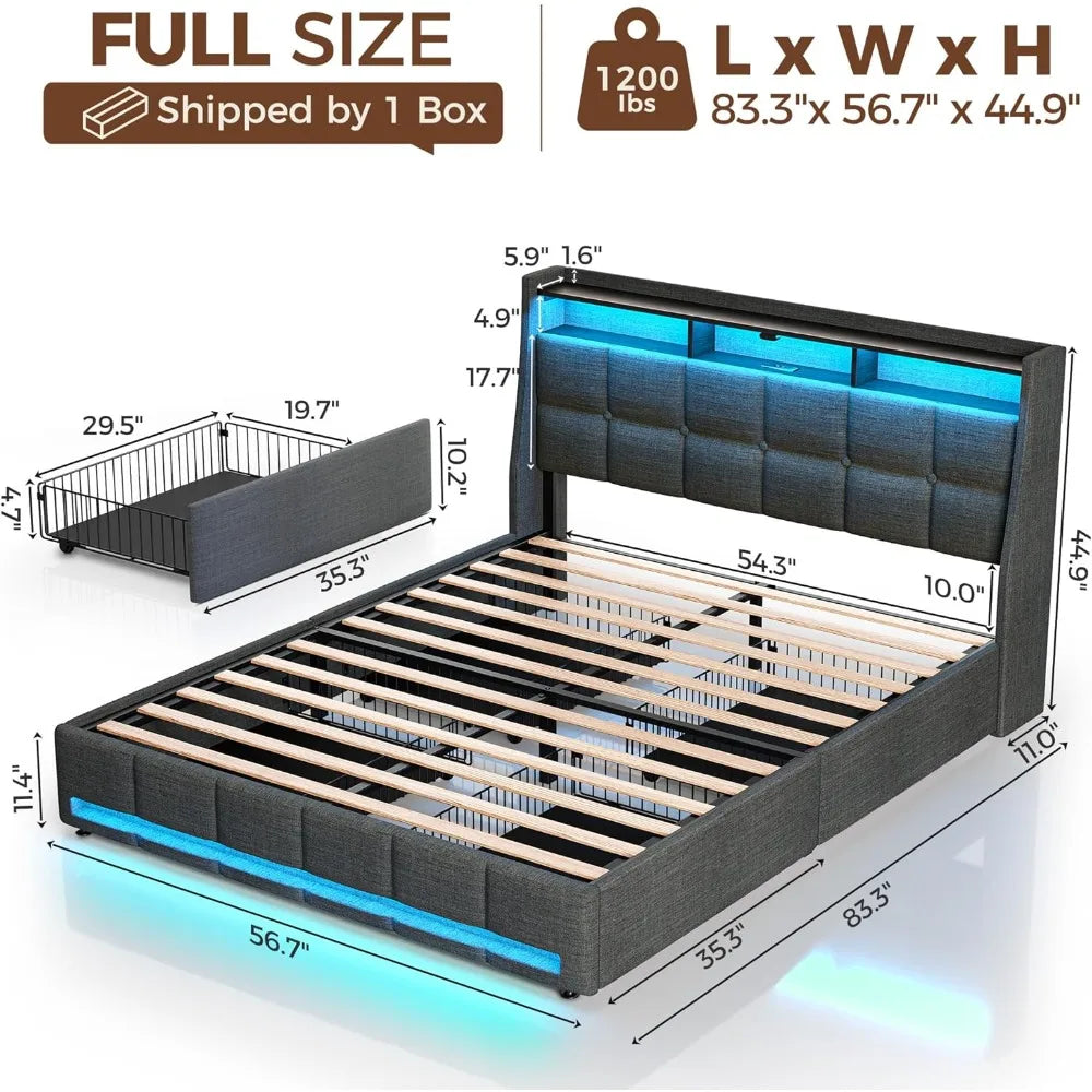 Full Size Bed Frame with LED Lights and