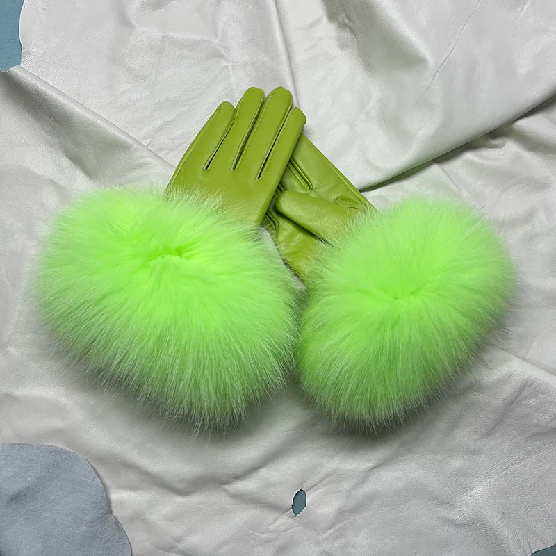 Real Sheepskin Fox Fur Gloves Women's Genuine Leather
