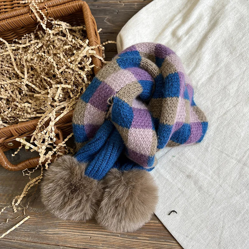 Autumn Winter Warm Children's Scarves Plaid Plush Balls