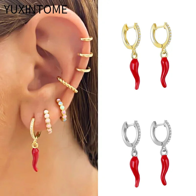 Yellow Red Small Chili Hoop Earrings For Women