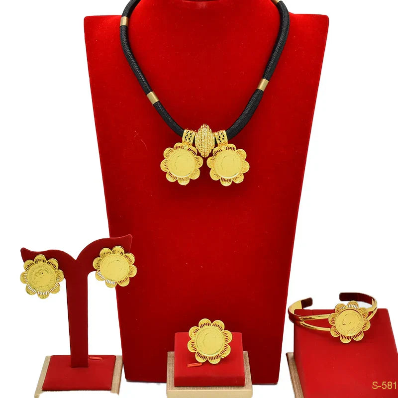 African 24K Gold Color Coins Necklace Bracelet Sets