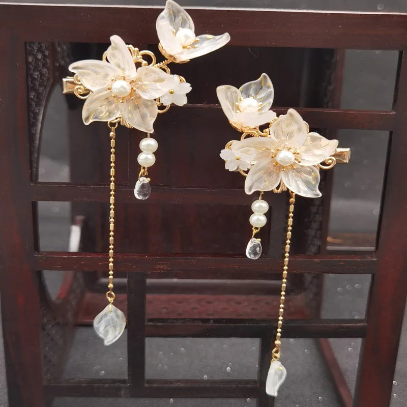 1pair Chinese Hanfu Hair Accessories Red Flower Hairpins