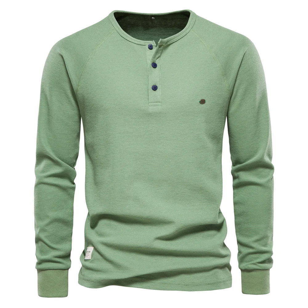 AIOPESON Waffle Henley T-Shirt Men Long Sleeve Basic