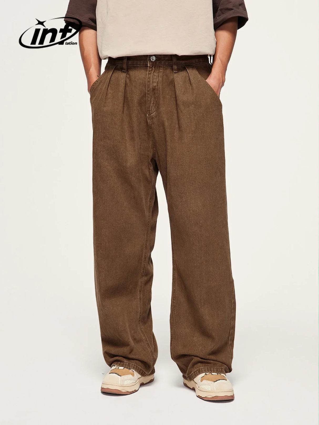 INFLATION Brown Retro Washed Denim Pants Unisex Classic