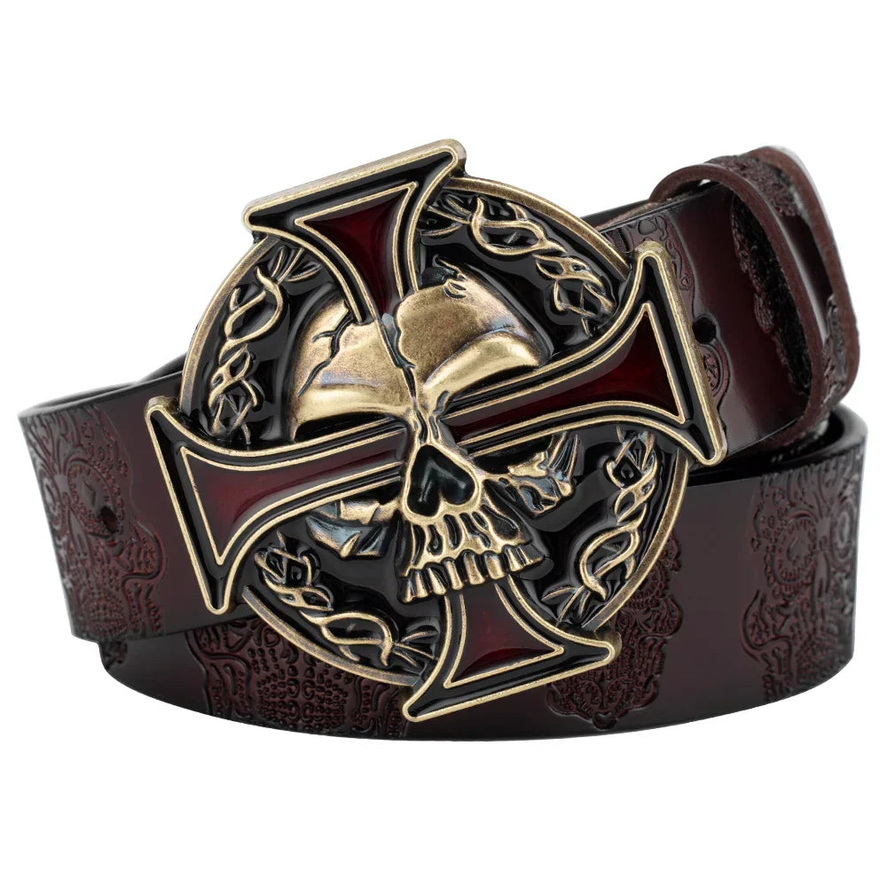 Skull Leather Belt Embossed Pattern Cowskin Fashion Buckle