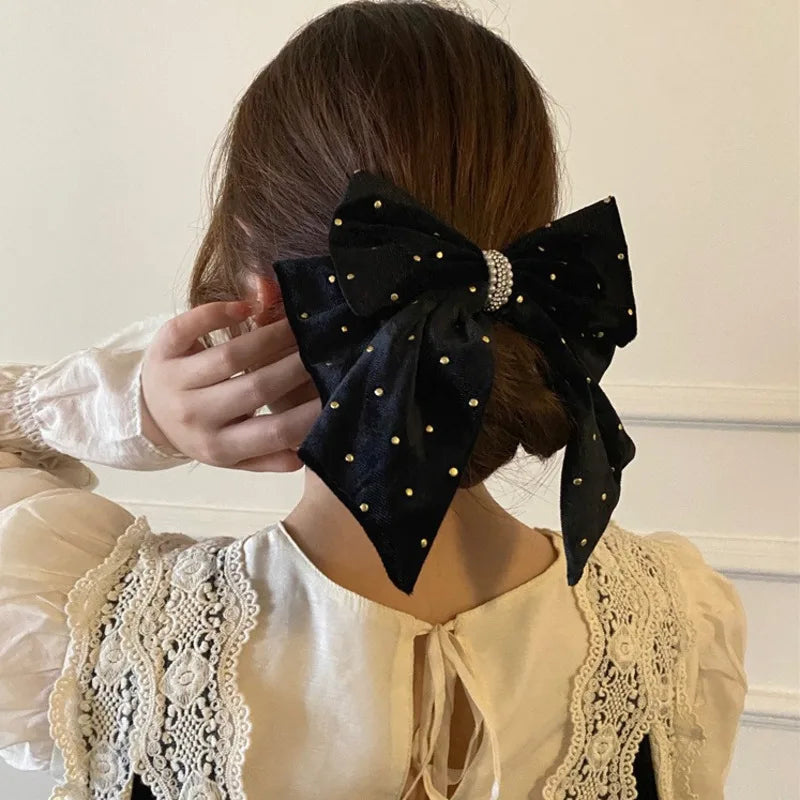 New Retro Flocking Bowknot Hair Clips Trendy Black