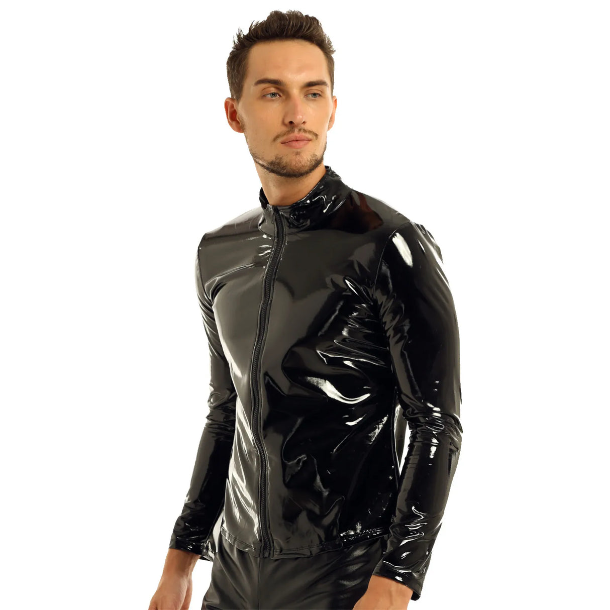 Men Wet Look Patent Leather Coat Long Sleeve