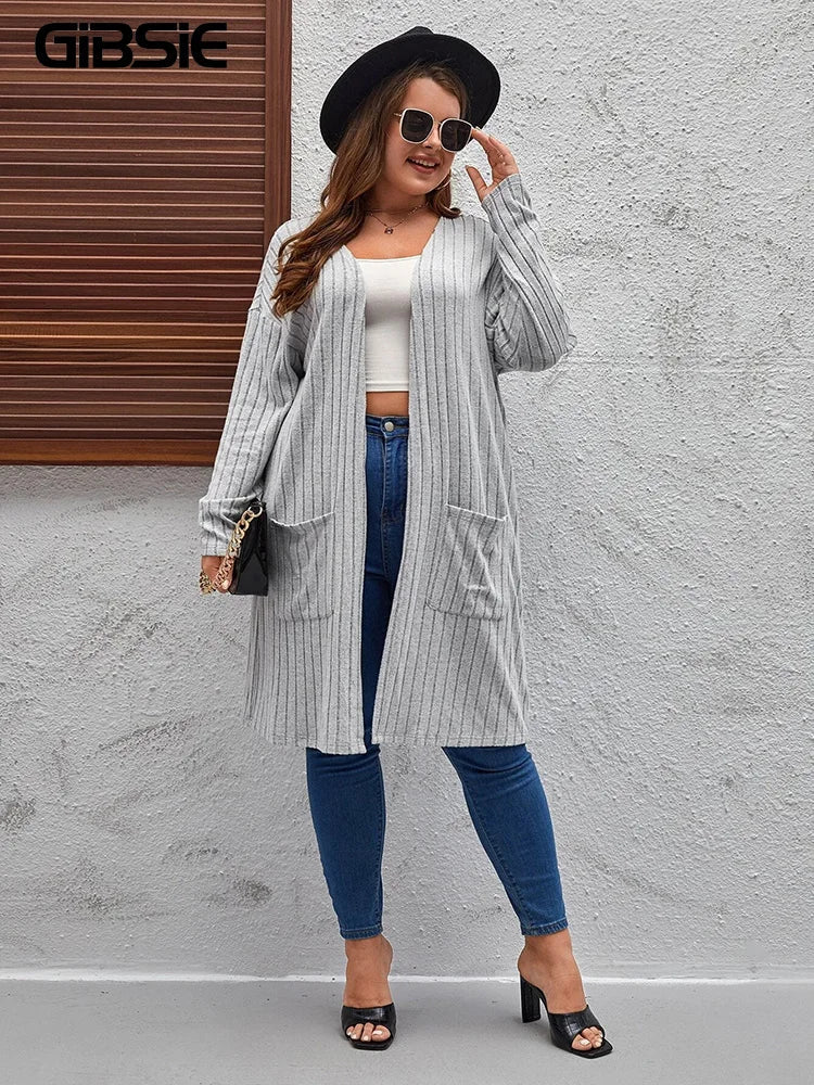 GIBSIE Plus Size Solid Rib Knit Open Front
