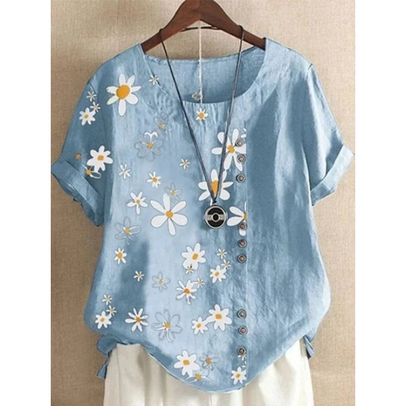 Plus Size DaisyPrint Cotton Linen Shirt Casual Summer