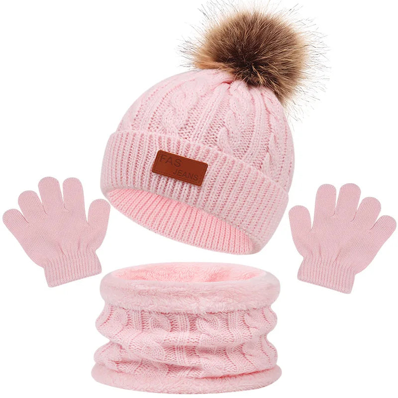 3PCS Set Cute Wool Pompom Baby Hat Scarf