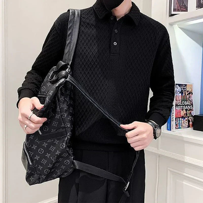 Argyle Plaid Print Long Sleeve Men Polo T