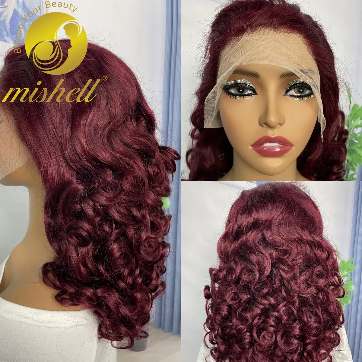 250% Density 99J Burgundy Bouncy Curly Human Hair