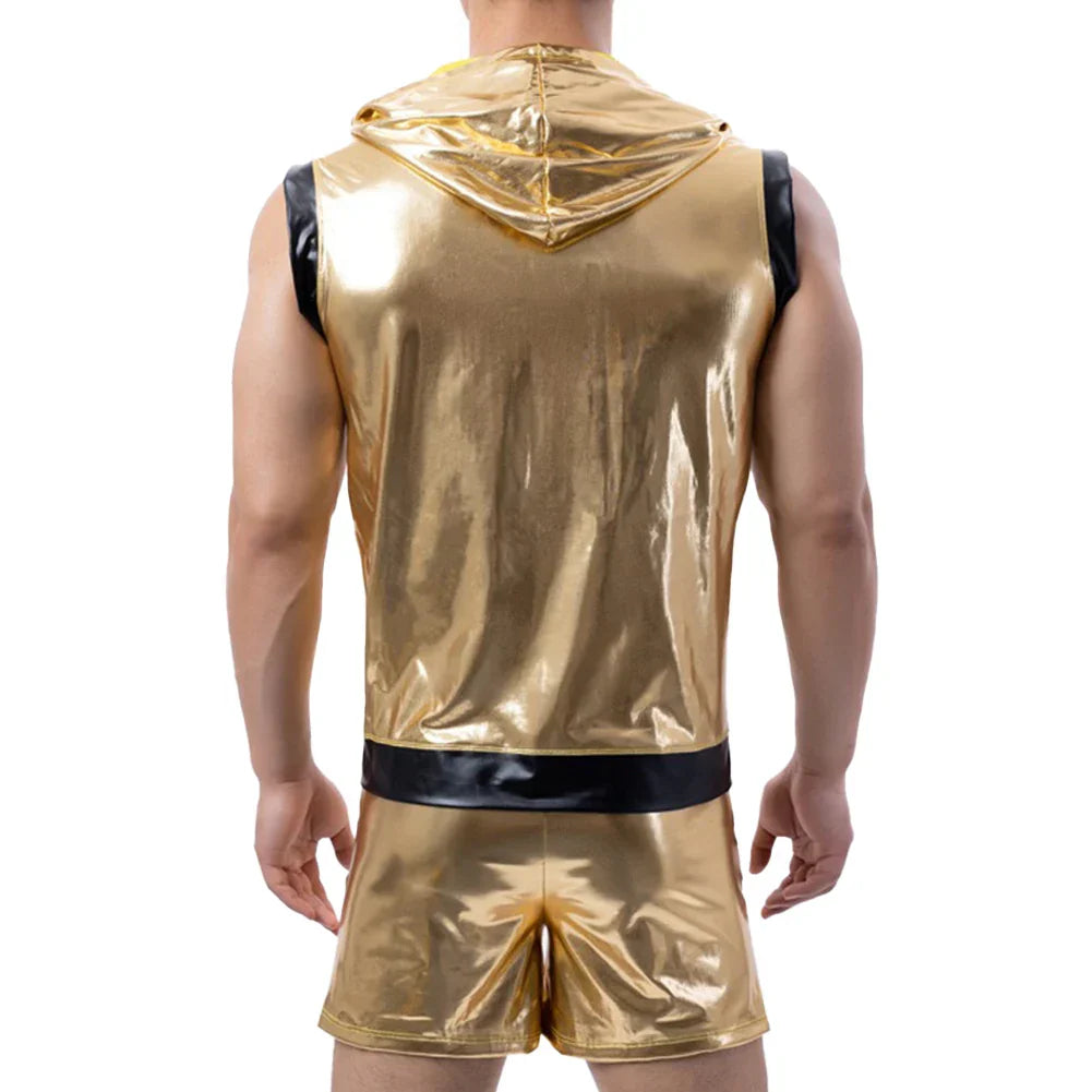 Mens Gold Shiny Tight Leather Tank Tops Boxer