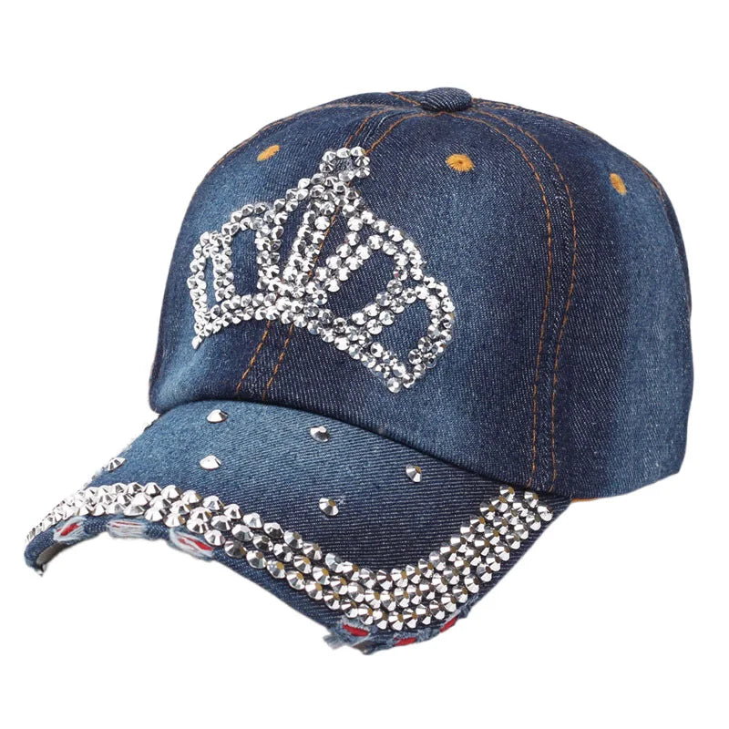 Women Bling Tiara Distressed Denim Baseball Cap Rhinestones