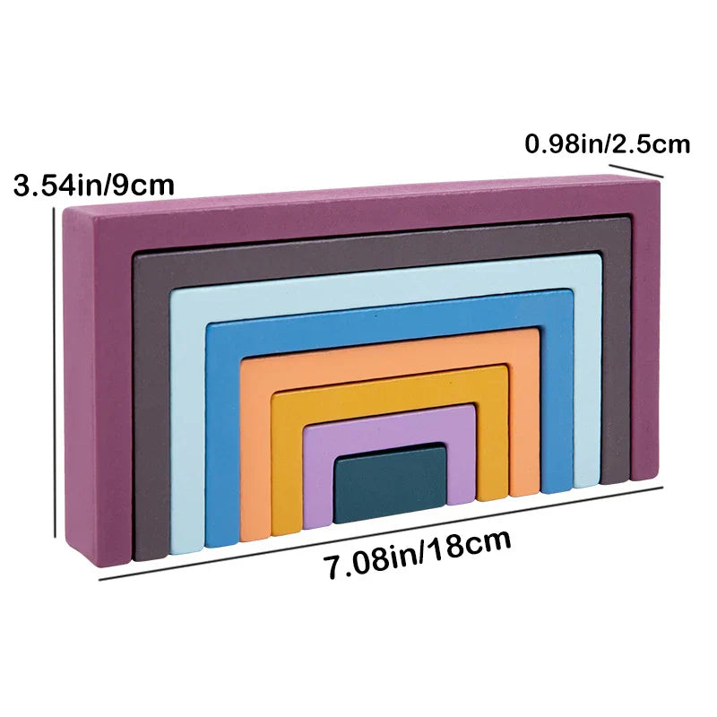 Montessori Wooden Rainbow Stacking Game,Eight Layers Square/Arch Colorful