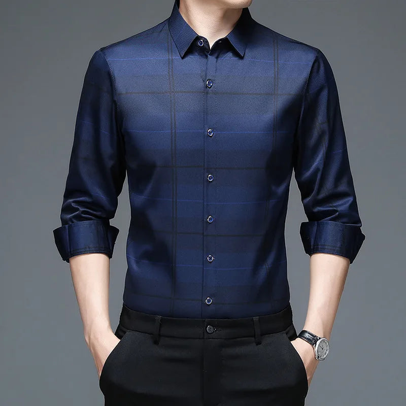Spring Autumn Plaid Polo Shirt Men's Long Sleeve