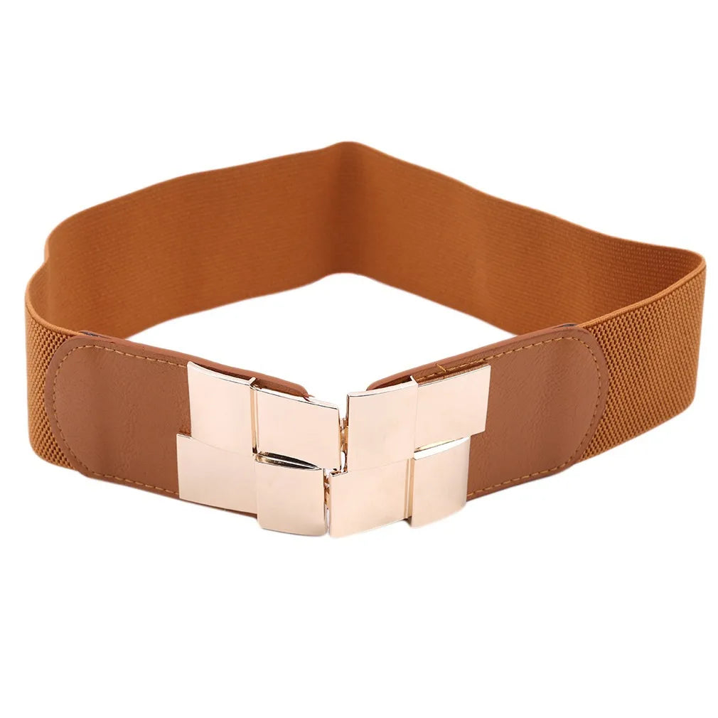 New Women Elastic Waist Closure Wide Belt Gold