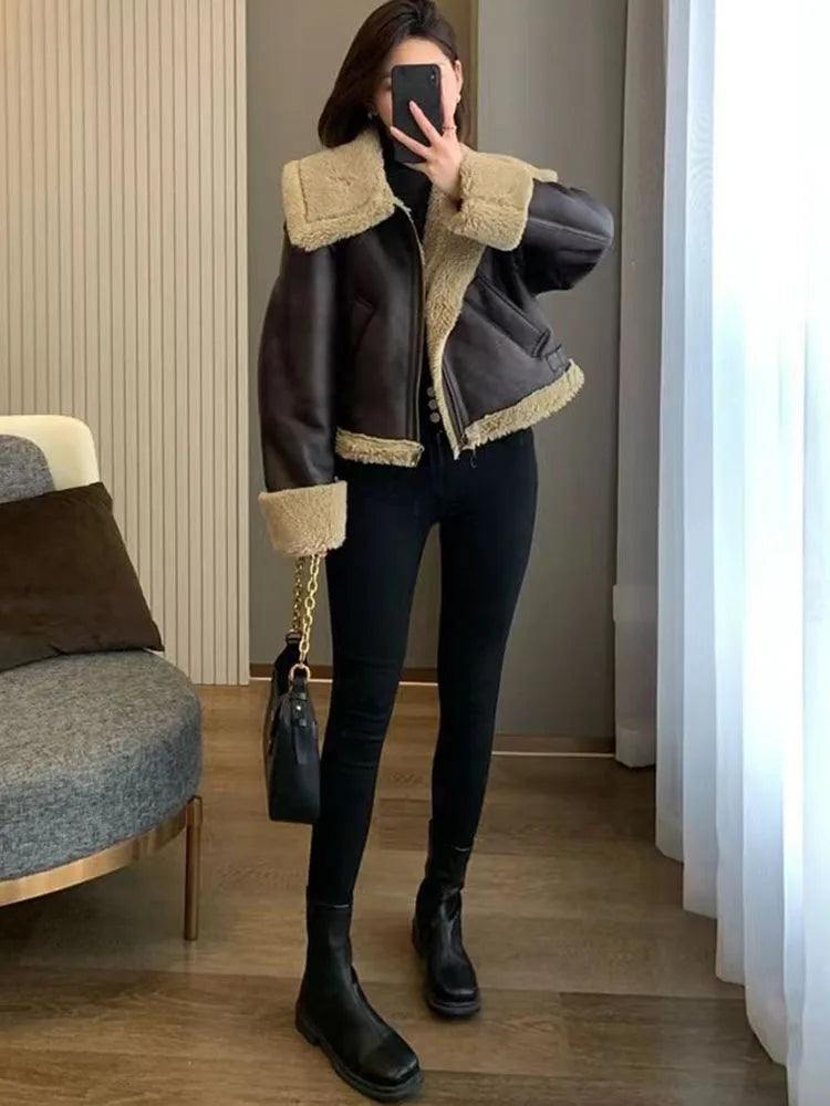 Winter Warm Waterproof Sheepskin Lamb Coat Thick Loose