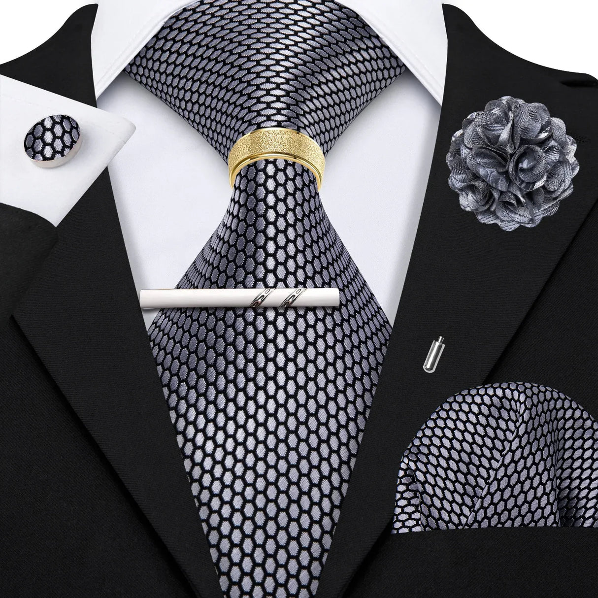 Barry.Wang Silk Mens Tie Hanky Cufflinks Clip Brooch
