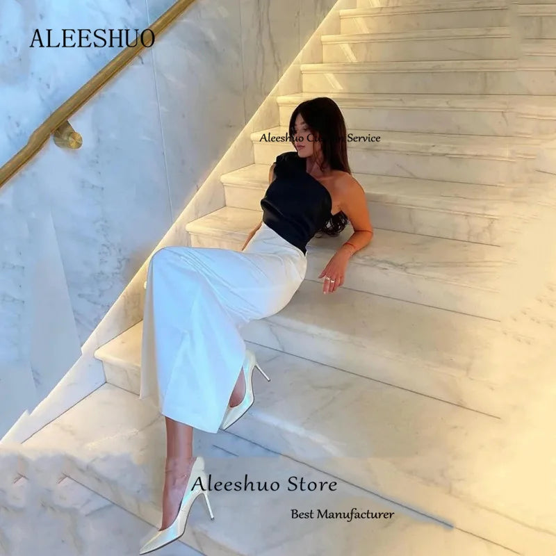 Aleeshuo Elegant One Shoulder Black white Prom Dresses