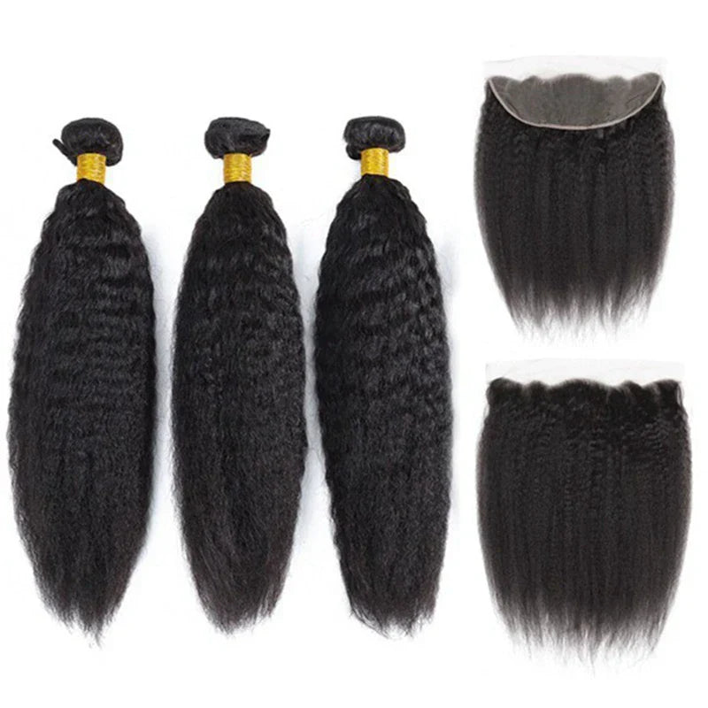 Elfriede Natural Black Kinky Straight Bundles with Frontal