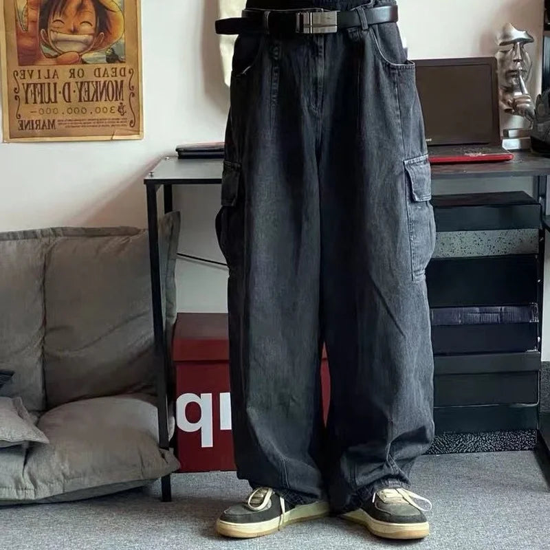 HOUZHOU Baggy Jeans Trousers Male Denim Pants Black