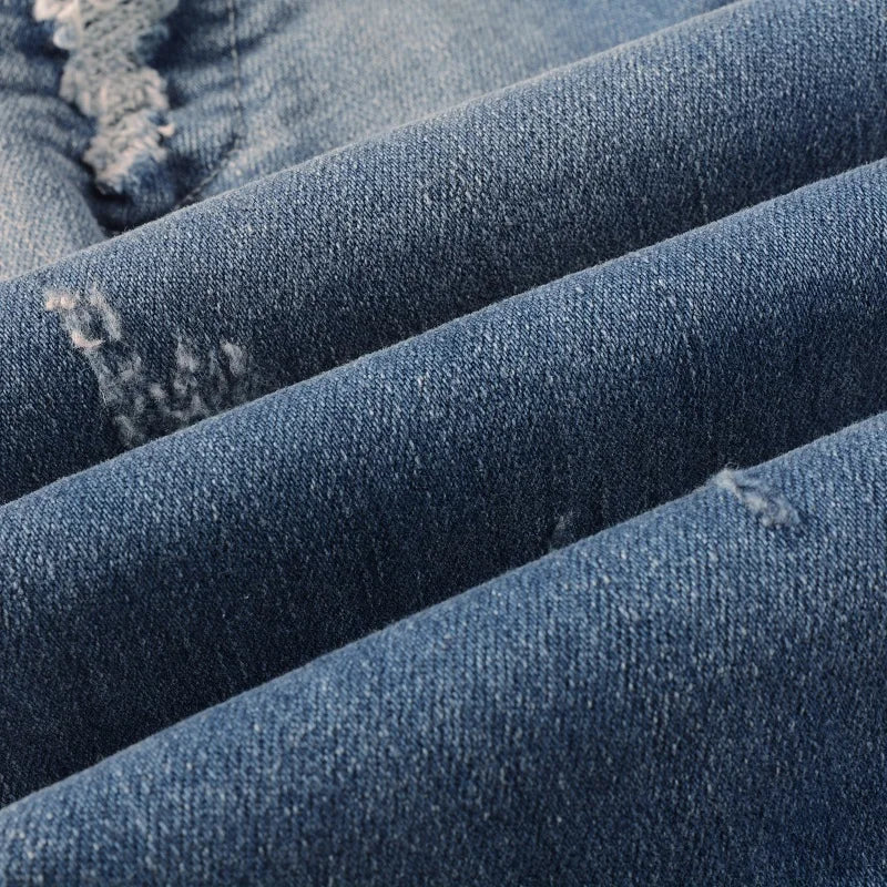 Men Stretch Denim Biker Jeans Classic Blue Pleated