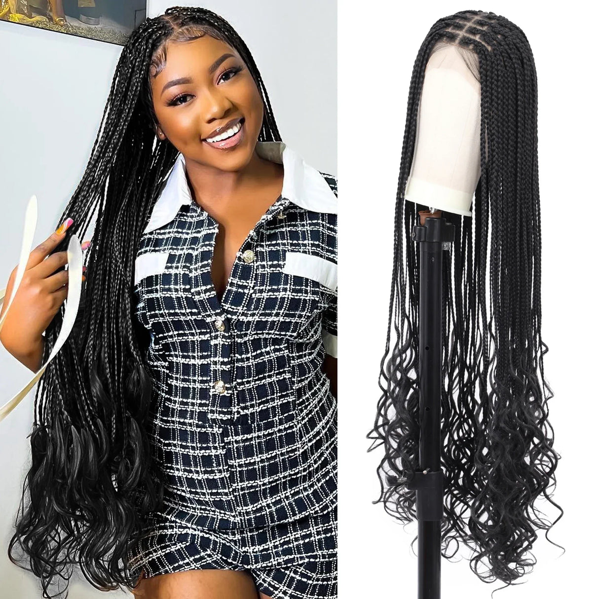 Kaylss 38‘’ Full Double Lace Front Knotless Box Braided Wigs with Baby Hair Super Long Braids Wig With Curls Ends