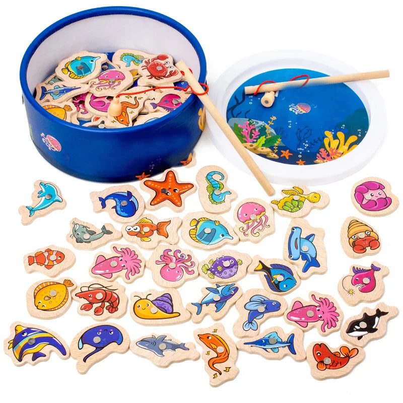 Montessori Wooden Magnetic Fishing Toys Baby Cartoon Marine