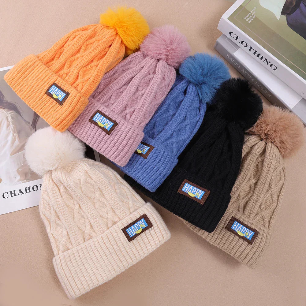 Winter Fur Pom Knitted Beanies Hat Female Plush