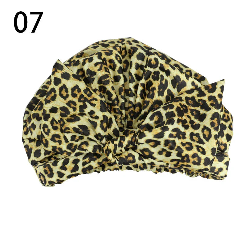 Waterproof Leopard Print Cap Elastic Bow Nightcap Women