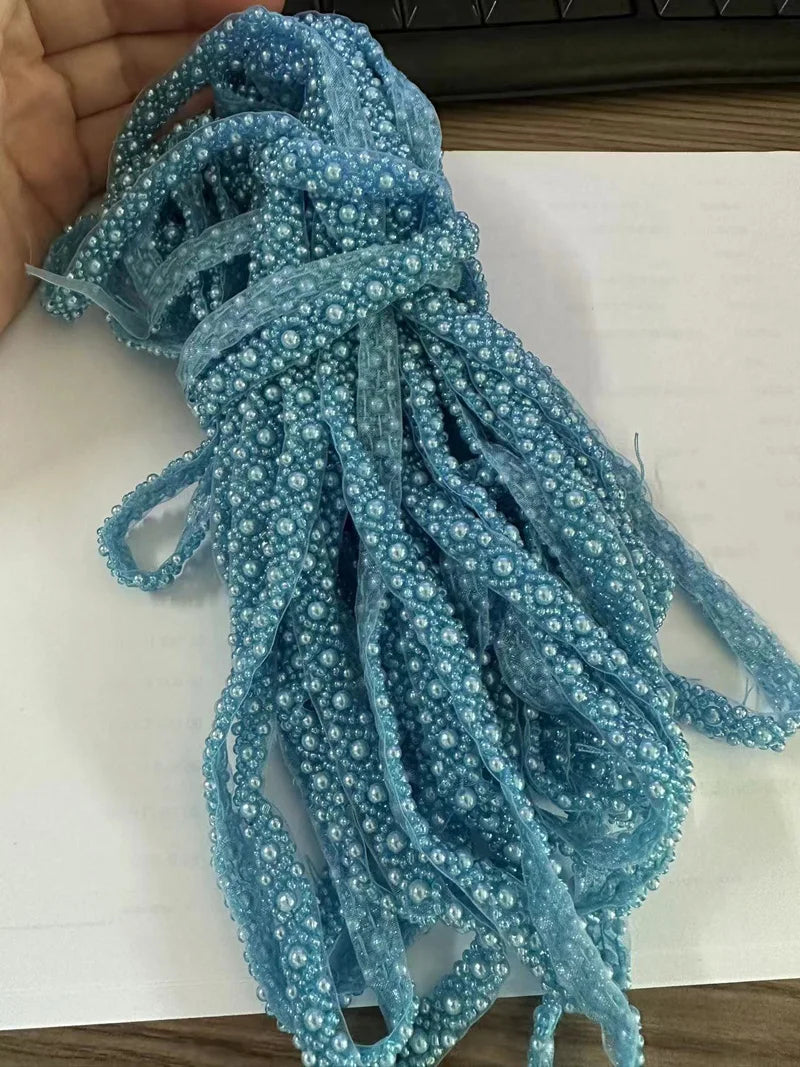 2Yards Pearl Beaded Lace Trim Mesh Lace Ribbon