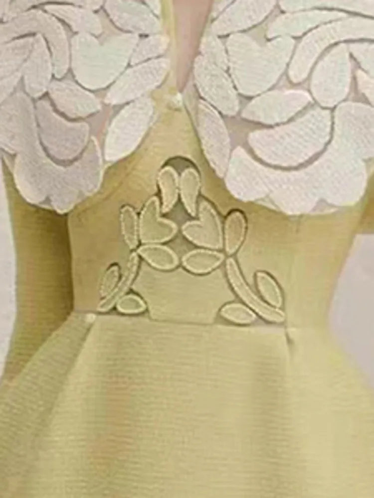 DEAT Elegant Dress Tweed Vneck High Waist Embroidery