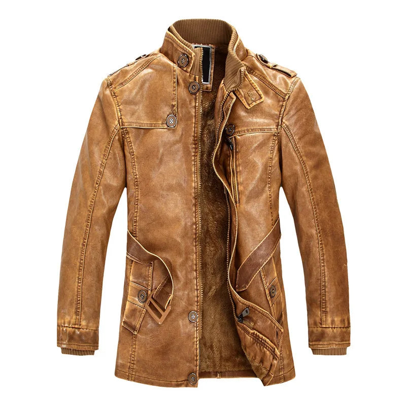 Winter Men's Thick Fleece Leather Jacket Coat Long