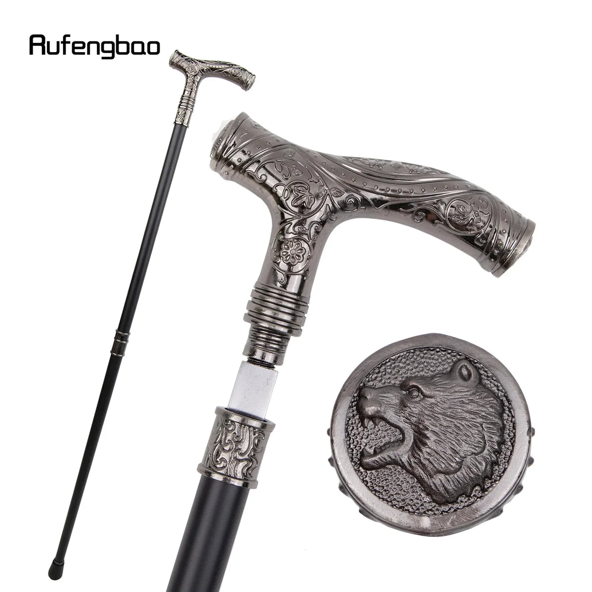 Silver Roaring Bear Head Flower Walking Stick with