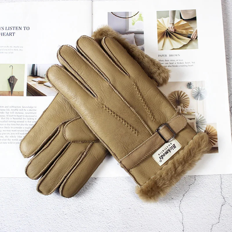 Sheepskin Fur Gloves Men's Thick Winter Warm Large
