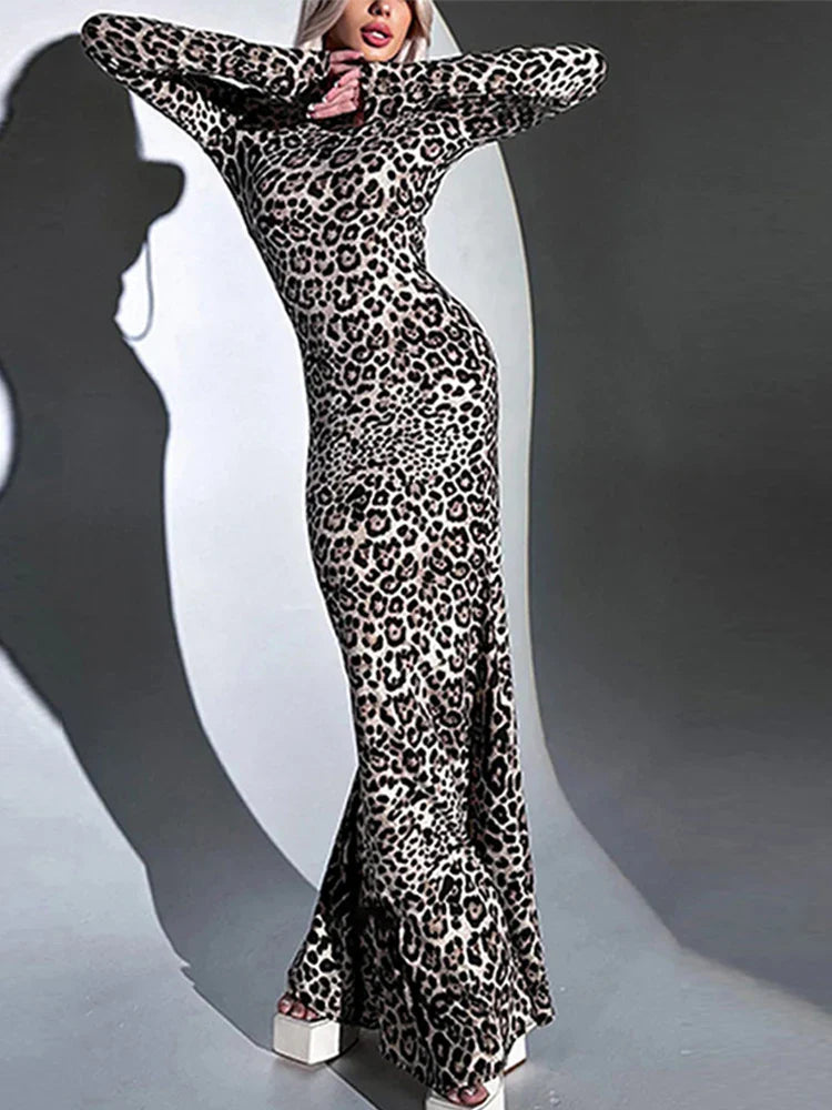 Sexy Leopard Print Dress Women Long Sleeve Turtleneck